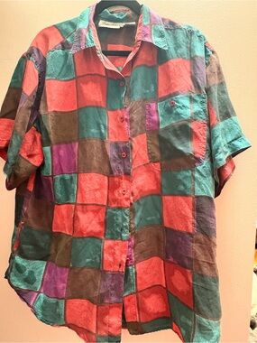 Vintage Jane Ashley 100% Silk Abstract Colorblock Button Up Blouse Medium